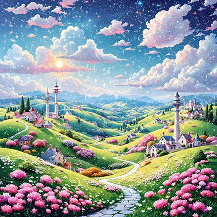 wilight mosaic village with luminous tesserae fields