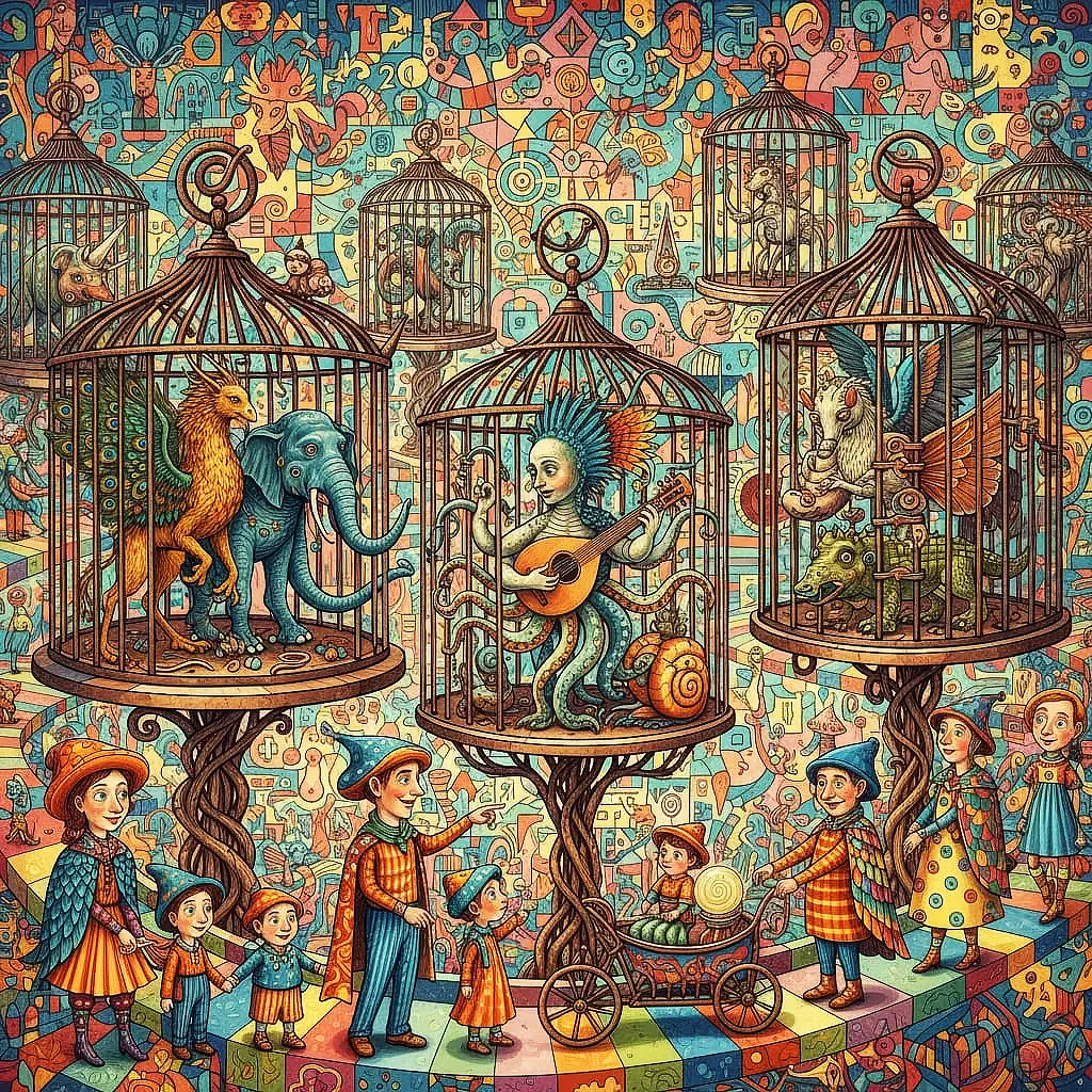 Surreal Bosch-inspired scene with whimsical creatures in mosaic landscapes.