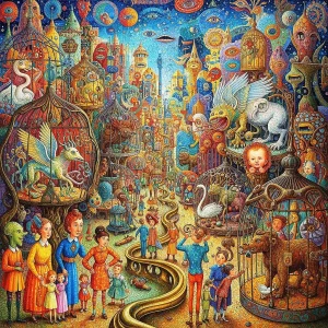 Bosch-style surreal circus with colourful animals and performers in mosaic tents.