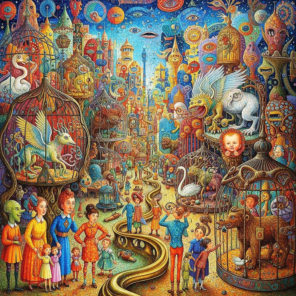 ArTile -25-dix-02 copy Bosch-style surreal circus with colourful animals and performers in mosaic tents.