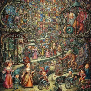 Surreal night carnival with glowing lanterns and mosaic lights.