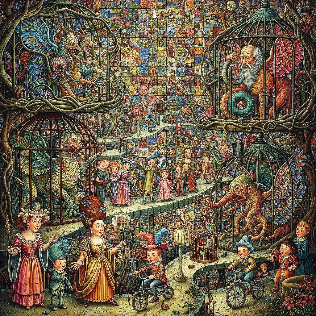 Surreal night carnival with glowing lanterns and mosaic lights.