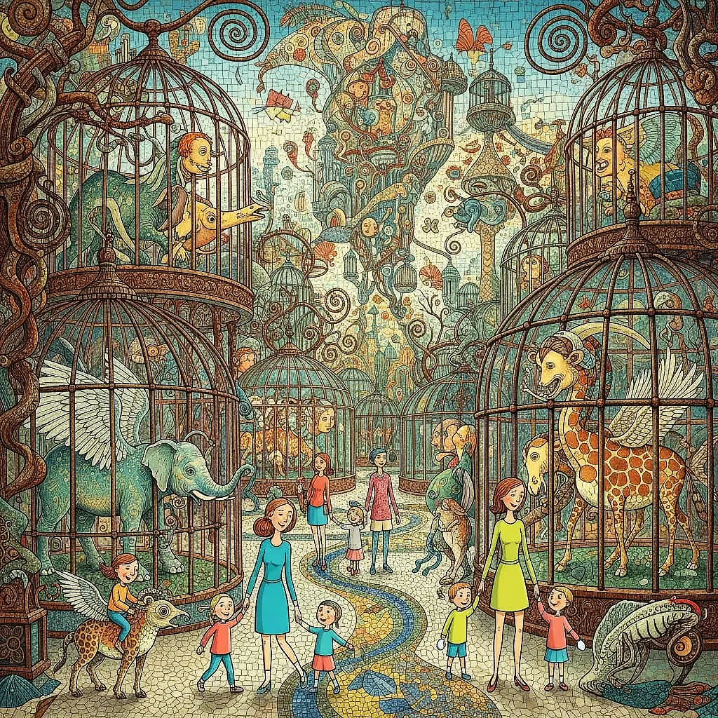 Whimsical characters gathered in a surreal mosaic environment.