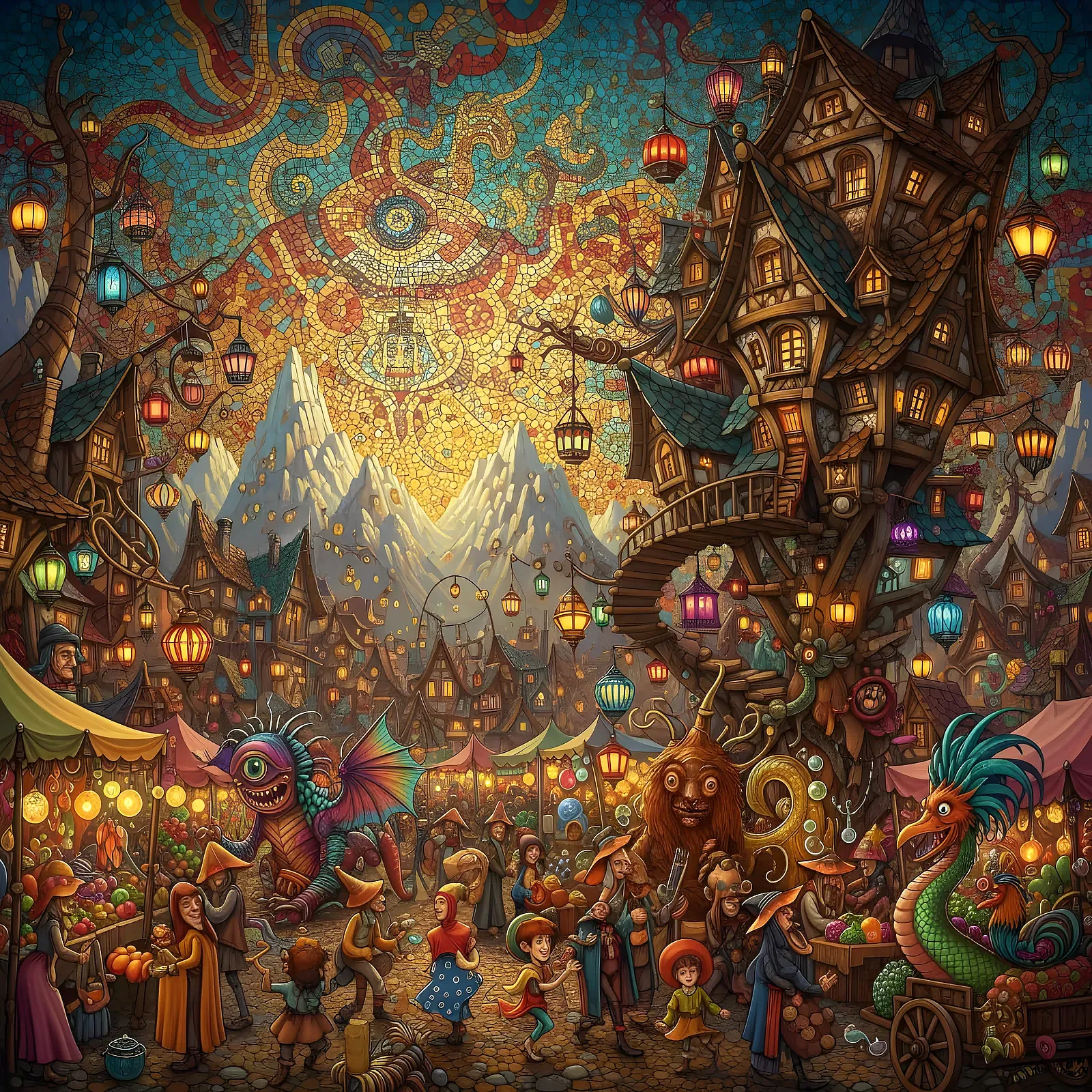 Vibrant surreal fantasy village filled with monsters, animals, and glowing skies.
