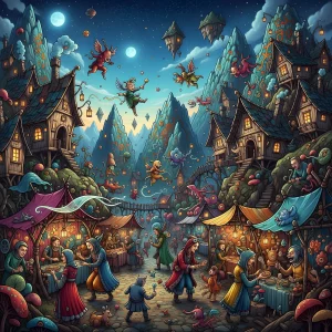 Dreamlike mountain village court filled with creatures before a throne.