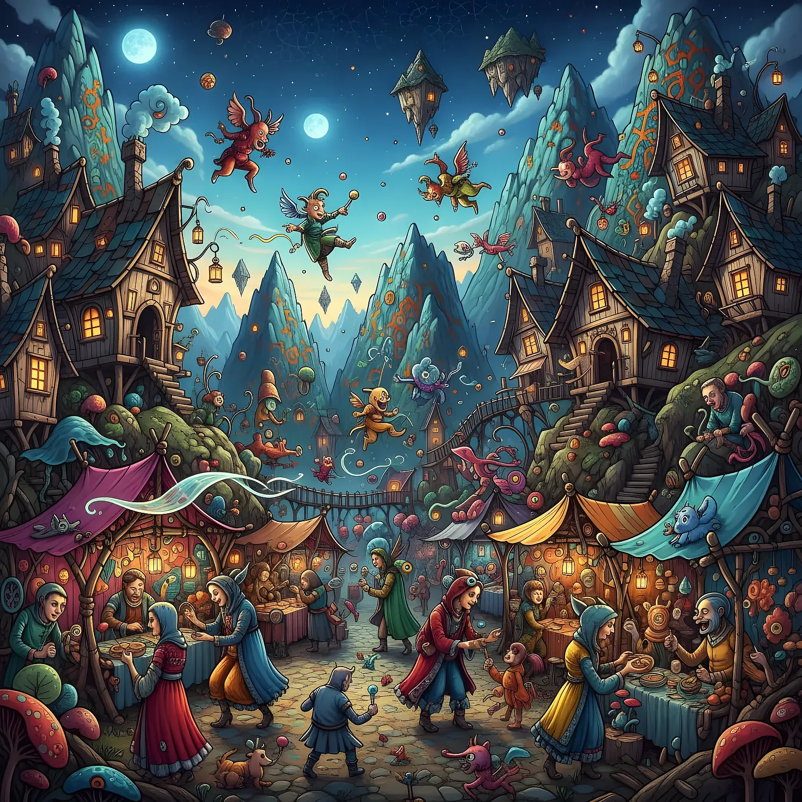 Dreamlike mountain village court filled with creatures before a throne.