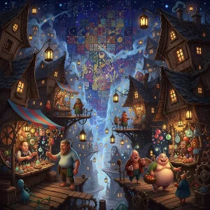 urreal market square parade of colourful creatures and banners.