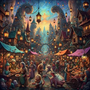 Surreal night carnival with glowing lanterns and mosaic lights.