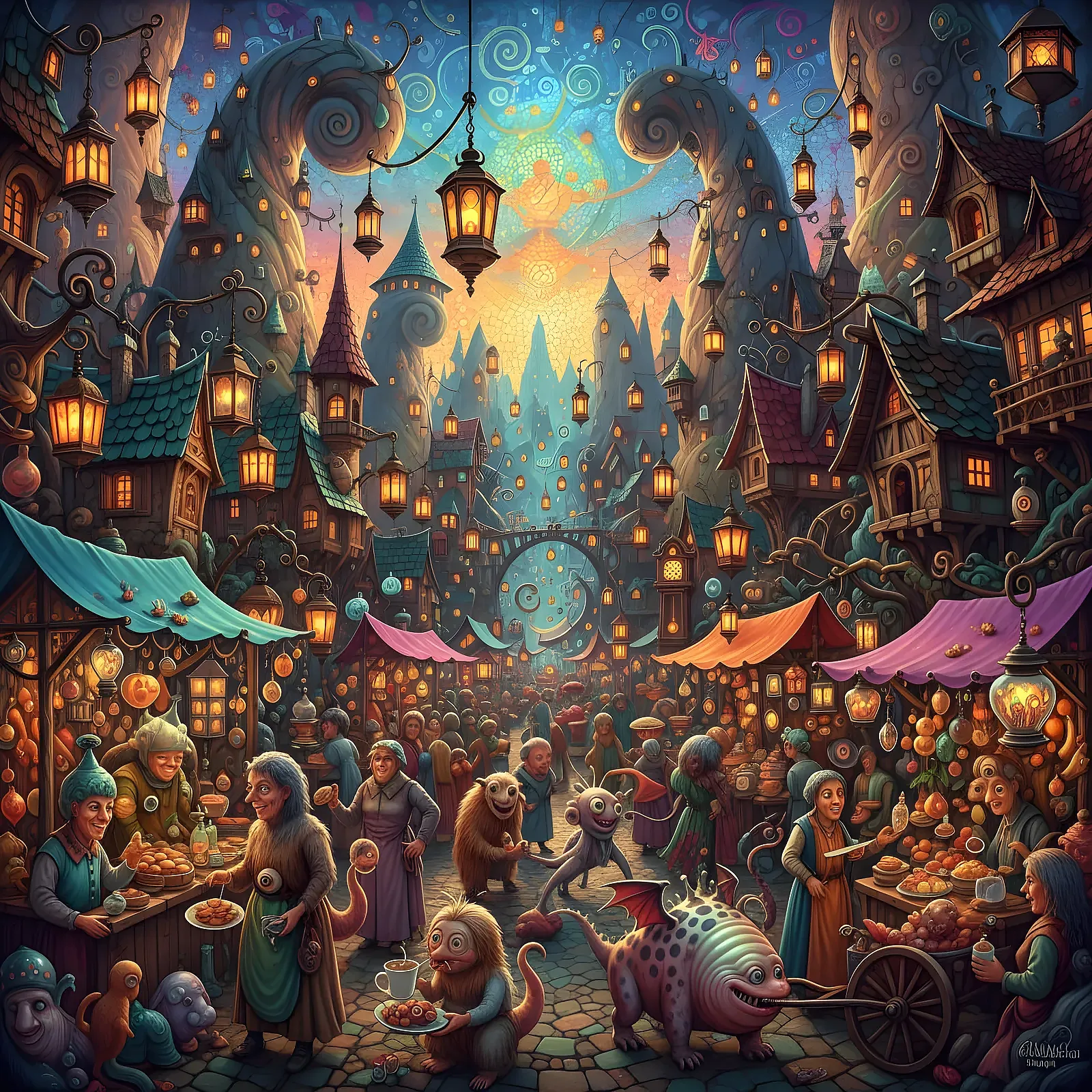 Surreal night carnival with glowing lanterns and mosaic lights.