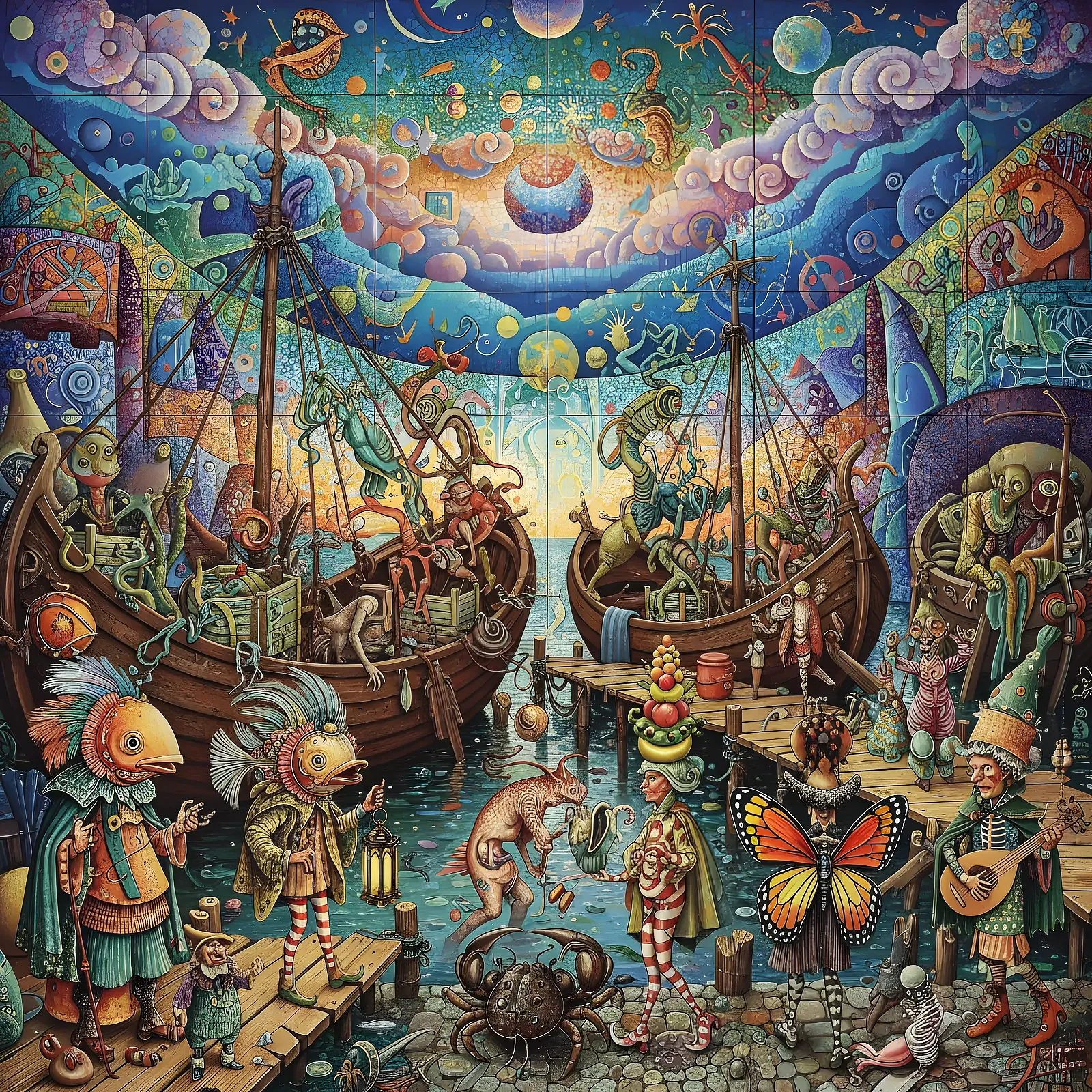 Surreal riverside festival with glowing boats and fantastical characters.