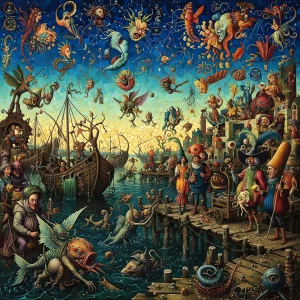 Surreal harbour of creatures unloading bizarre crates beneath swirling skies.