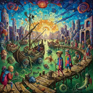 Surreal riverside festival with glowing boats and fantastical characters.