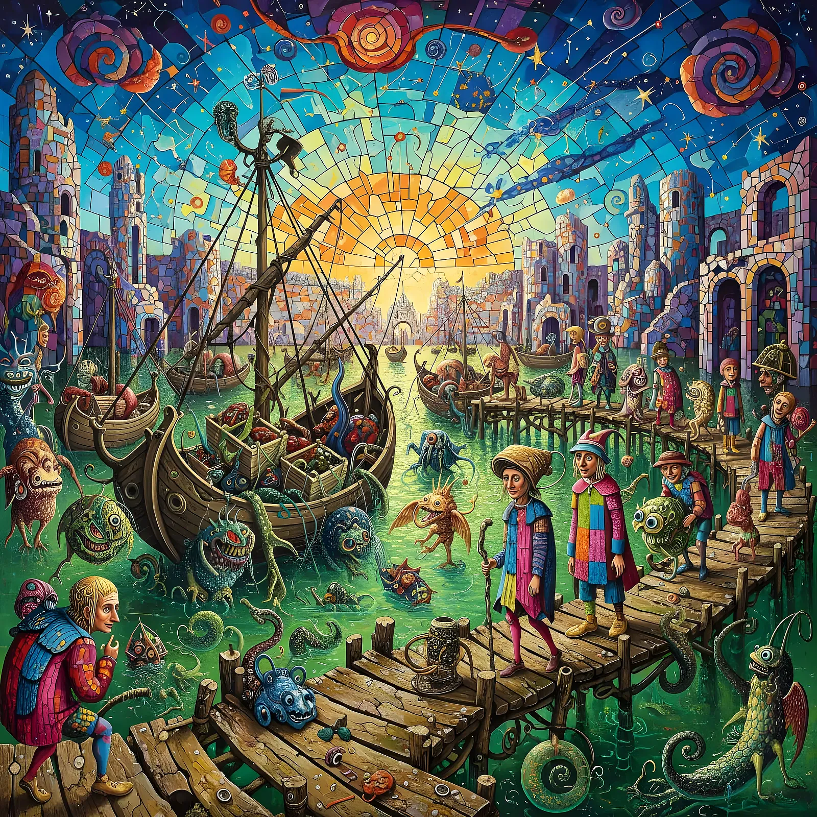 Surreal riverside festival with glowing boats and fantastical characters.