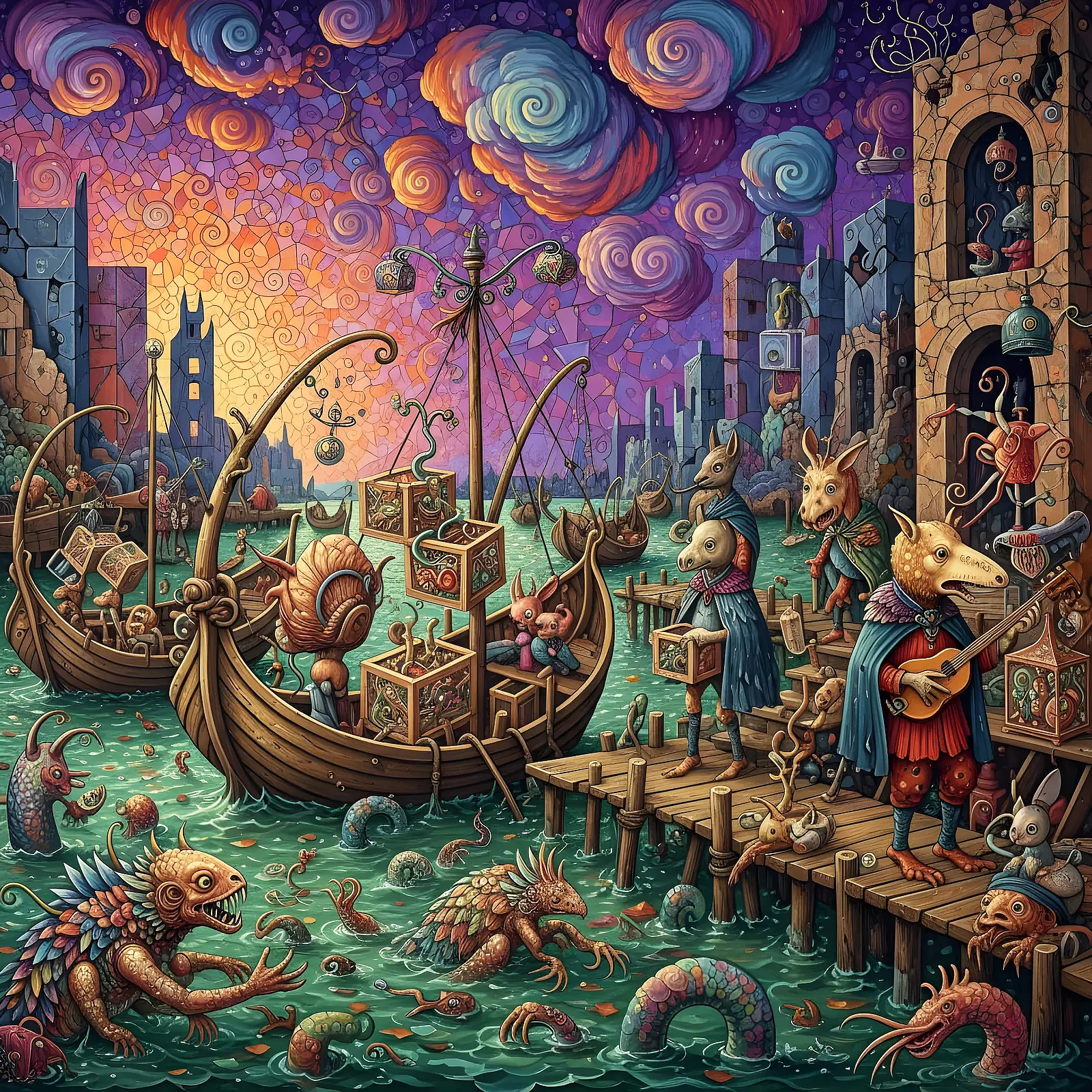 Whimsical sea aquarium with bizarre fish in towering mosaic tanks.