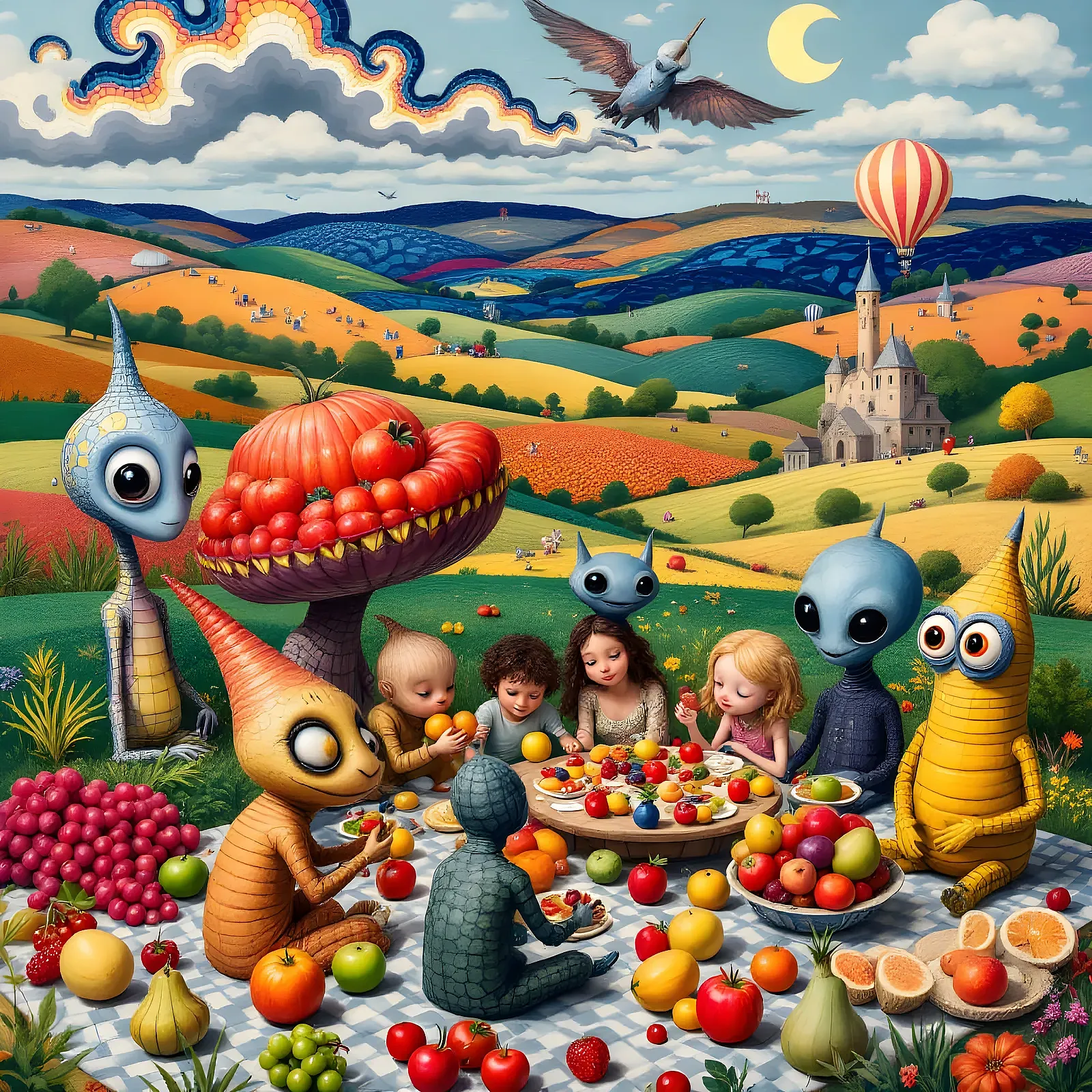 Savanna campfire scene with whimsical animals roasting food.