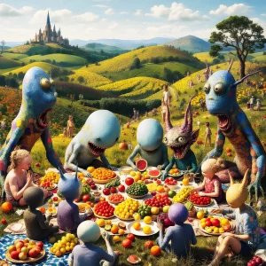 Strange countryside picnic with oversized fruit and hybrid creatures.