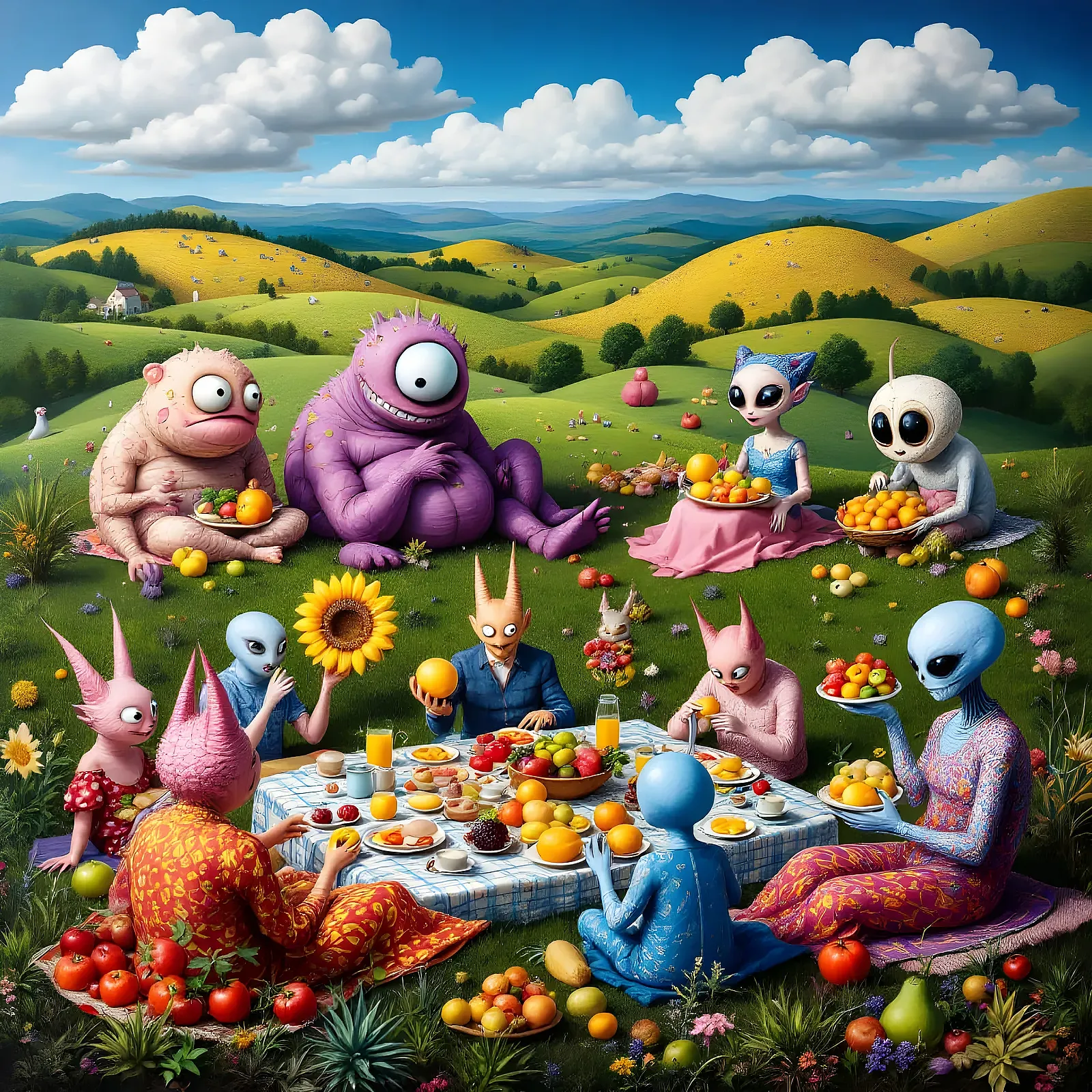 Surreal Bosch-inspired scene with whimsical creatures in mosaic landscapes.