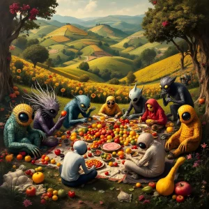 Vibrant surreal fantasy village filled with monsters