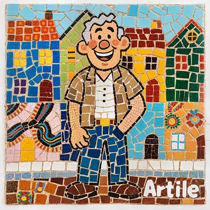 Mosaic portrait of Dad Morribongo in cartoon Hockney style with town background.