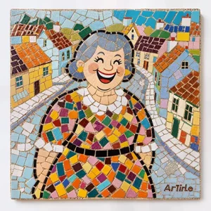 Mosaic portrait of Mum Morribongo smiling in patterned dress.