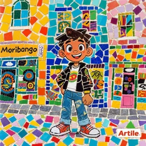 Mosaic artwork of the teenage son Morribongo with cheeky expression.