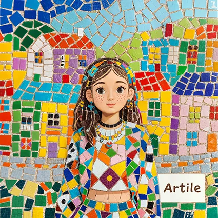 Mosaic tile portrait of teenage daughter Morribongo with stylish flair.