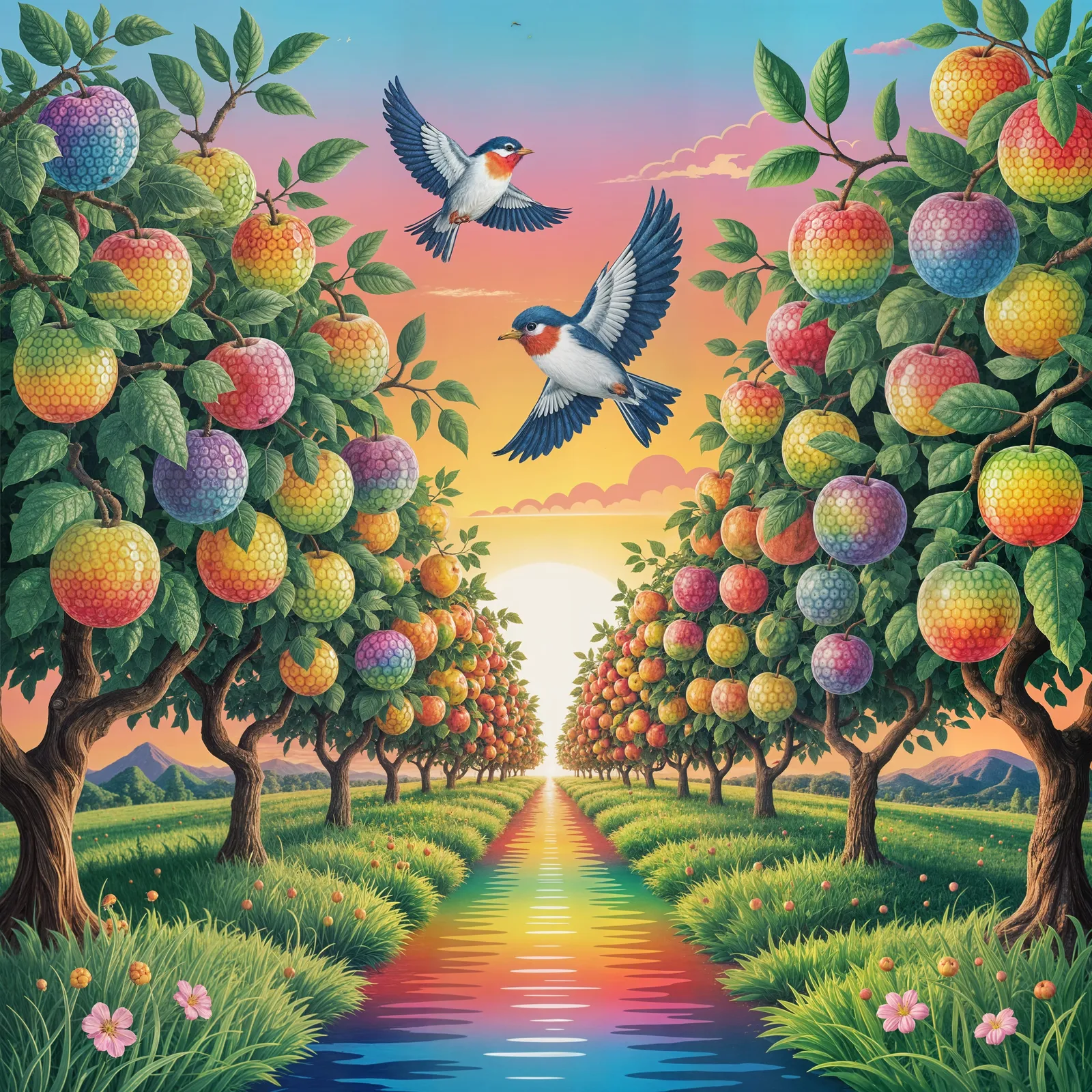 Surreal orchard with rainbow fruit turning into birds.