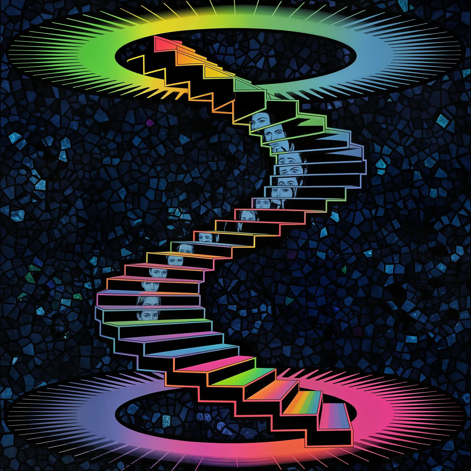 Floating staircase morphing into human faces in neon light.