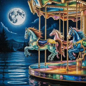 Carousel horses melting into stained glass streams.