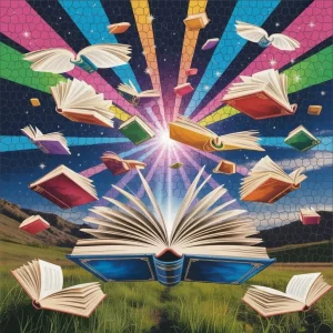 Books glowing as lanterns, pages turning into wings.