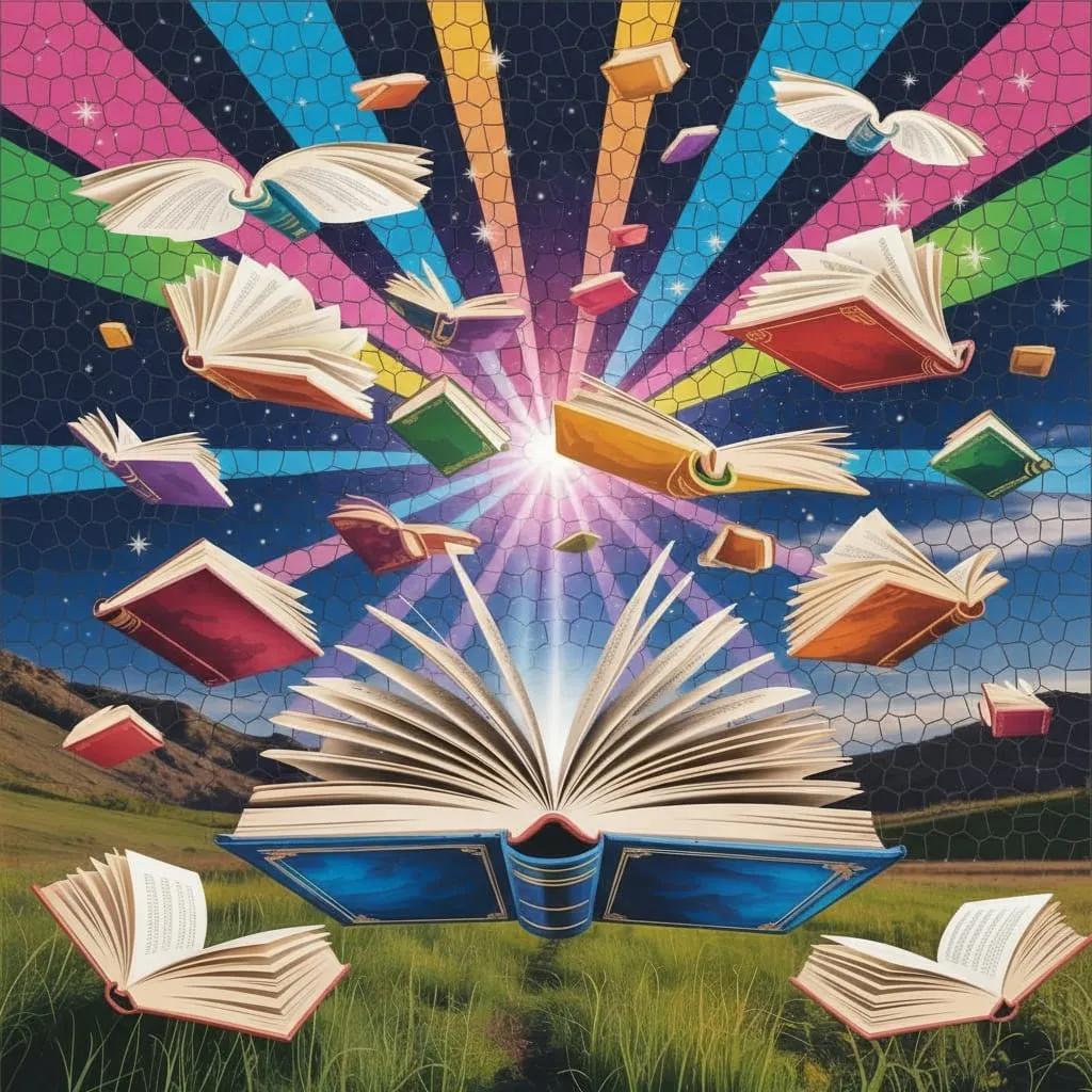 Books glowing as lanterns, pages turning into wings.