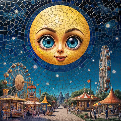 Moon with glossy eyes above a theme park ferris wheel.