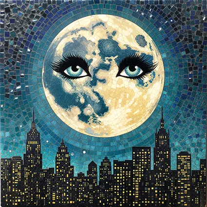 Mosaic moon with glossy eyes above city skyscrapers.