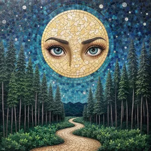 Full moon with emotional eyes above mosaic forest canopy.