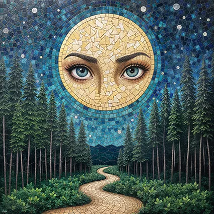 Full moon with emotional eyes above mosaic forest canopy.