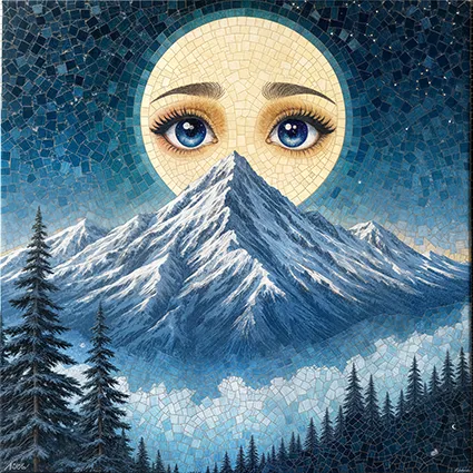 Mosaic artwork of a full moon with glossy eyes above alpine peaks.