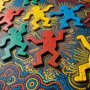 Haring Lego figures with mosaic crackle details