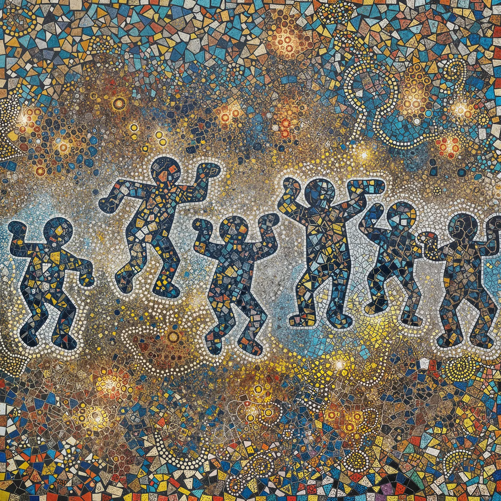 Lego silhouettes as Haring people with mosaic and cracked oil texture