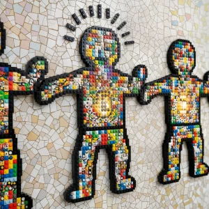 Lego-stud Haring figures with mosaic crackle interiors