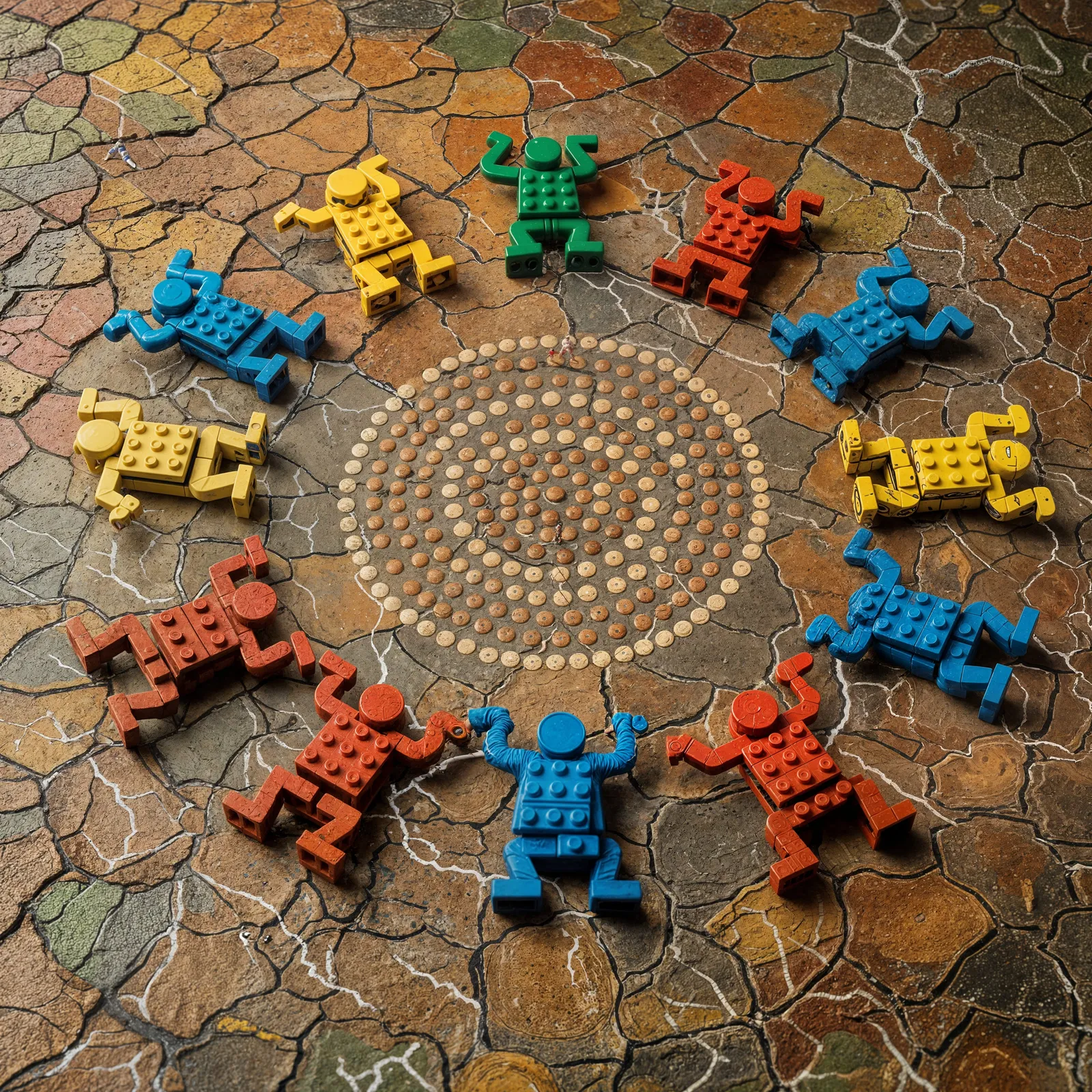 Circle of Lego-Haring dancers on cracked mosaic floor