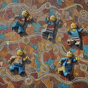 Graffiti Lego block characters on cracked mosaic wall with Aboriginal dots