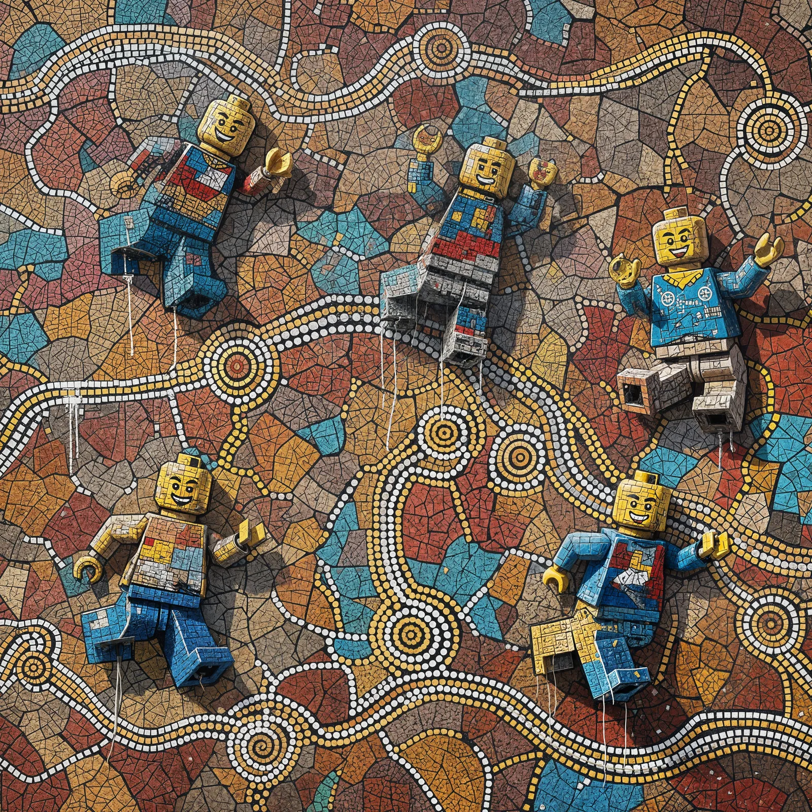 Graffiti Lego block characters on cracked mosaic wall with Aboriginal dots