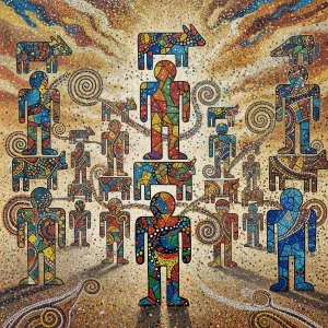 Lego totem silhouettes with mosaic shards and cracked paint