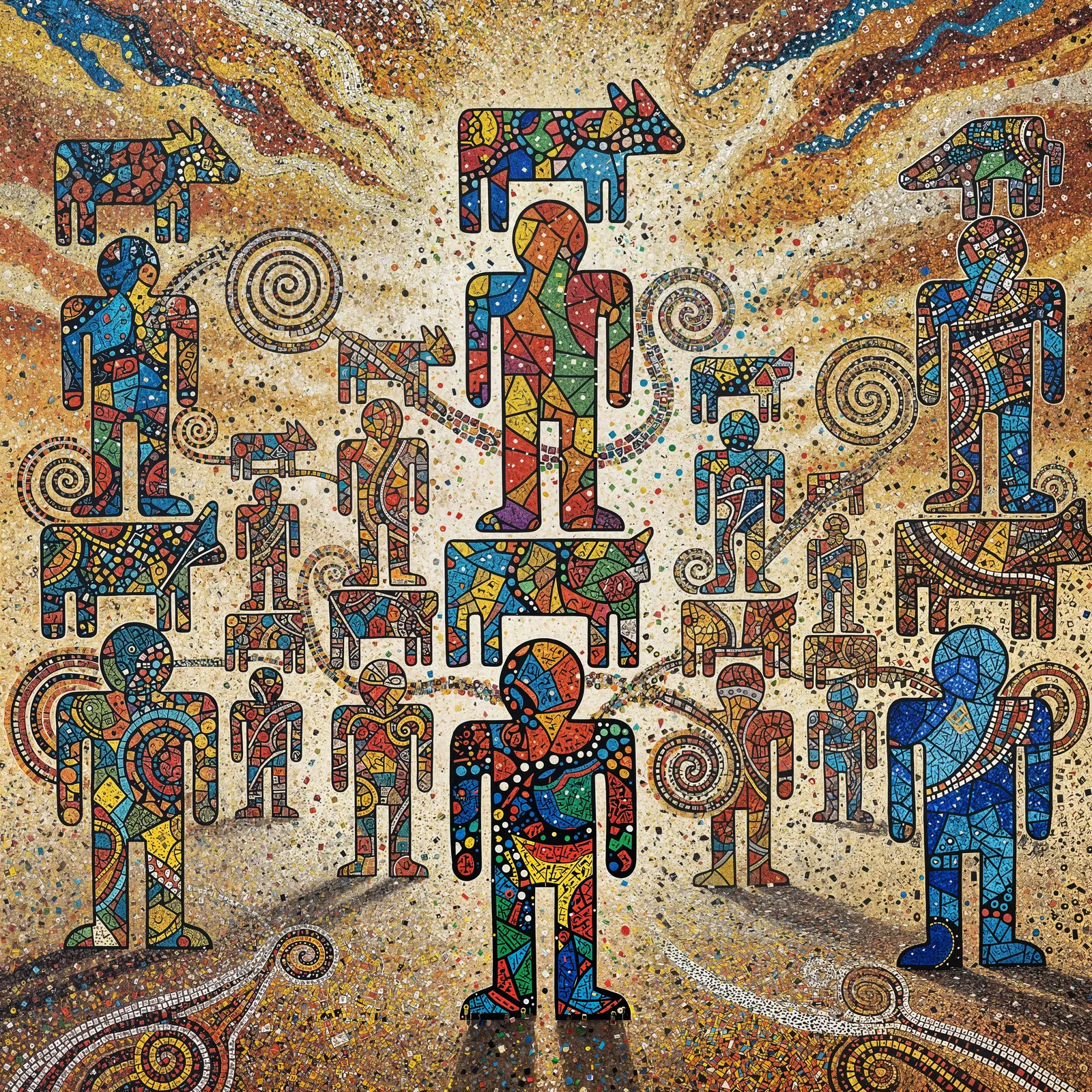 Lego totem silhouettes with mosaic shards and cracked paint