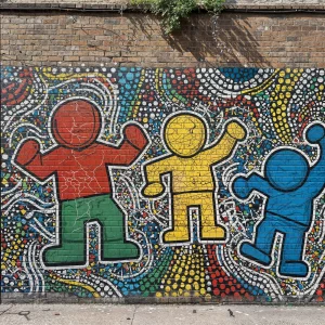 Lego-Haring mural with chipped mosaic crack textures