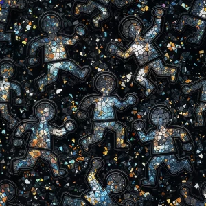 Outlined Lego-Haring forms glowing with cracked mosaics