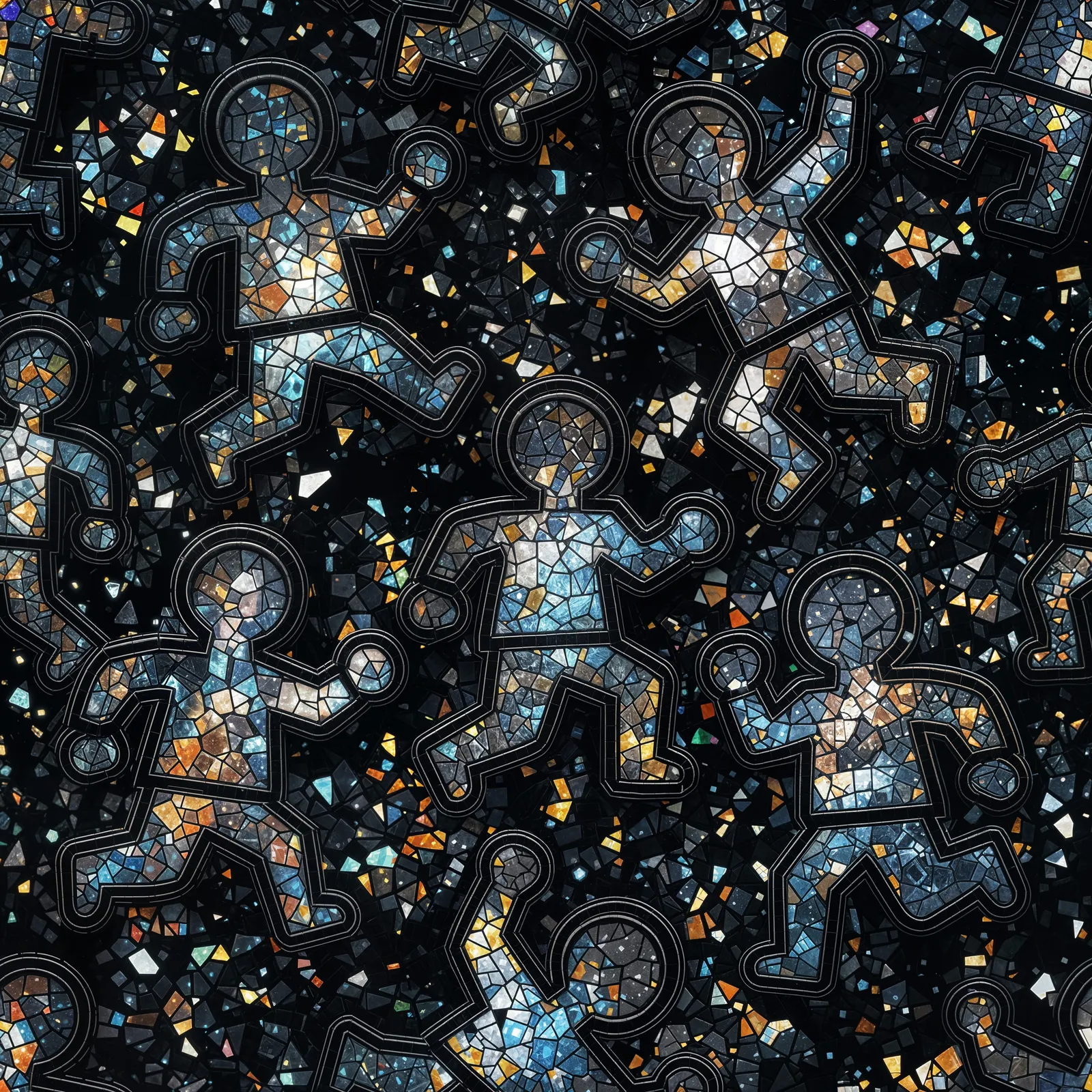 Outlined Lego-Haring forms glowing with cracked mosaics