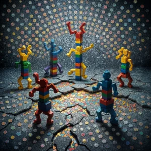 Lego-stack Haring figures on cracked paint canvas