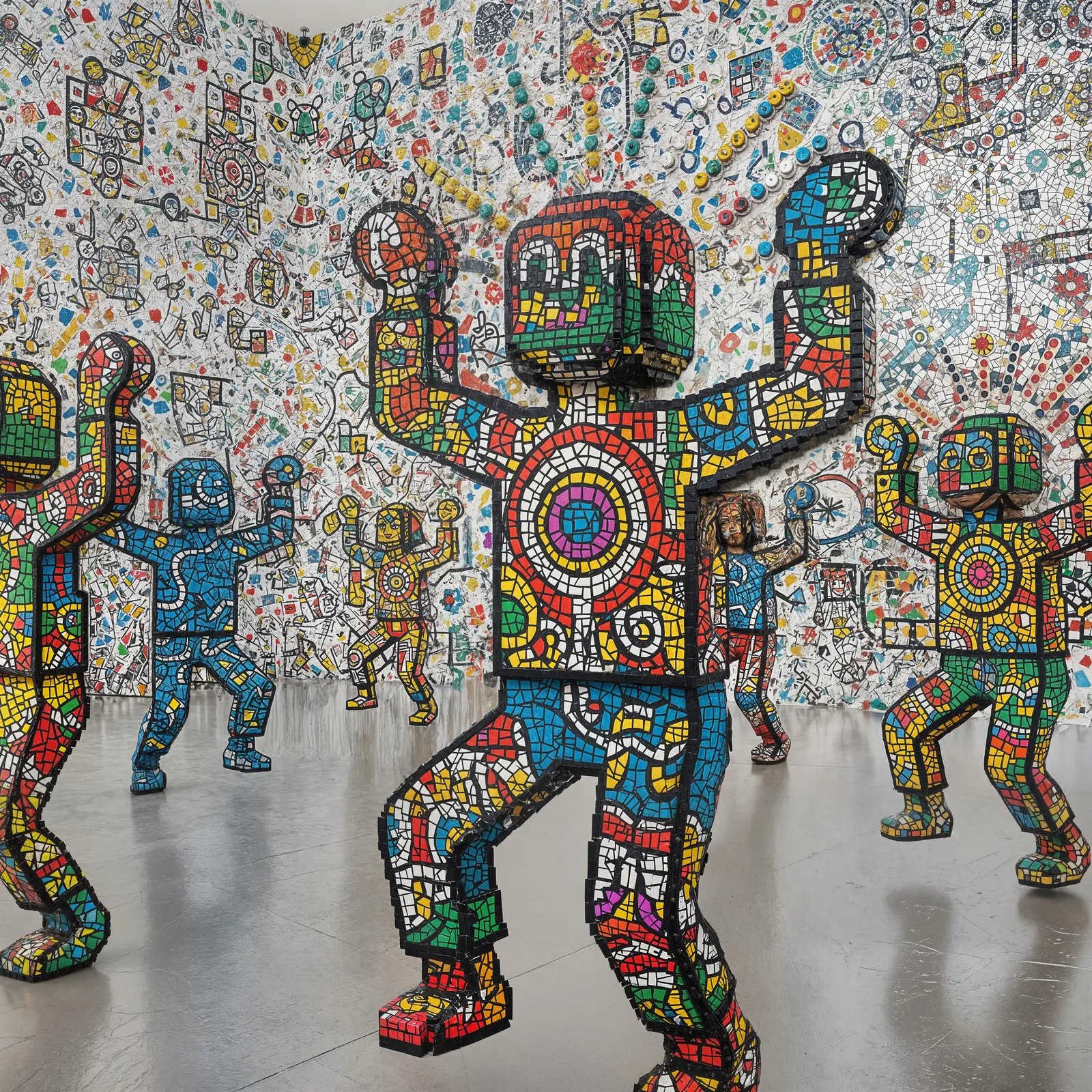 Lego-Haring dancers haloed with Aboriginal dots on cracked surface