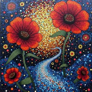 tesserae mosaic of infinite surreal flowers with polka dots